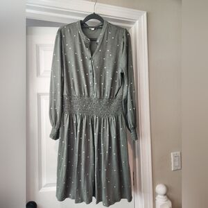 Boden Olive Polka Dot Long Sleeve Dress (Size Large)